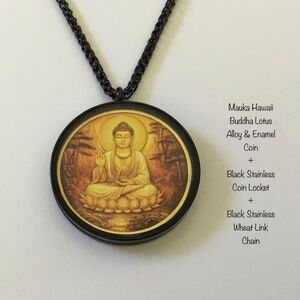 Buddha Lotus Alloy & Enamel Coin + Black Stainless & Glass Coin Locket + Chain